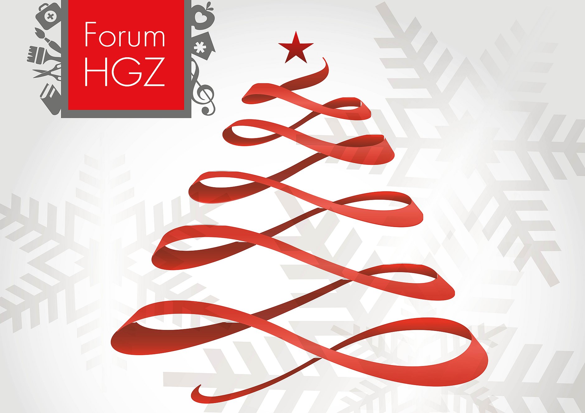 HGZ | Weihnachten im HGZ Dies ist ein illustrierter roter Weihnachtsbaum, der aus einer festlichen Schleife besteht.